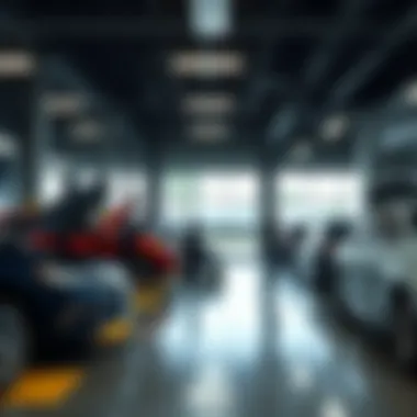 Service Center Operations at Acura Dealership Service center with technicians working on vehicles