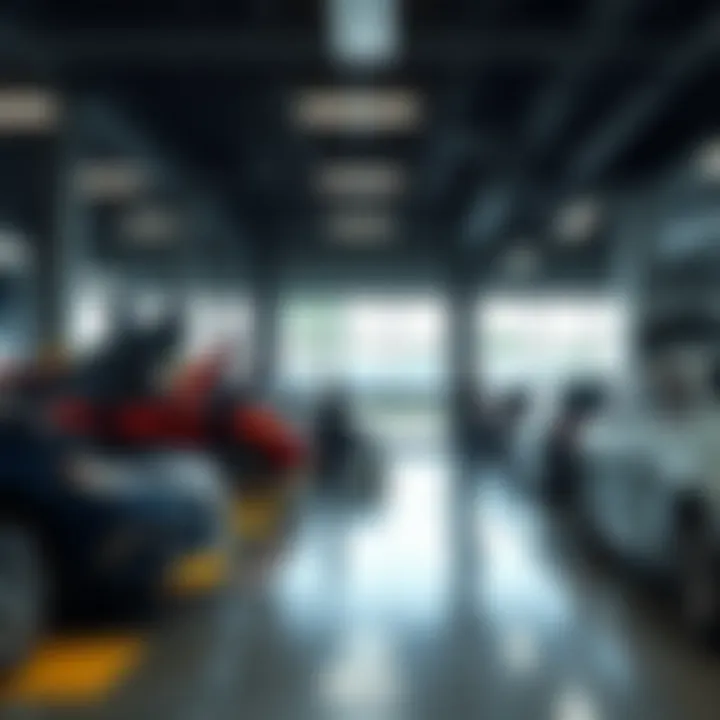 Service Center Operations at Acura Dealership Service center with technicians working on vehicles