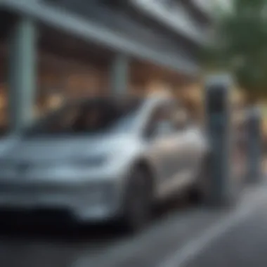 Charging Electric Vehicle at a Public Station Electric vehicle charging at a public station