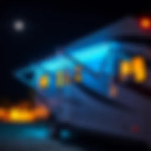 A vibrant LED awning light strip illuminating an RV exterior at night
