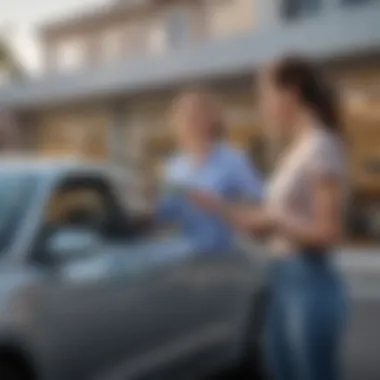 A satisfied buyer receiving keys to a pre-owned vehicle