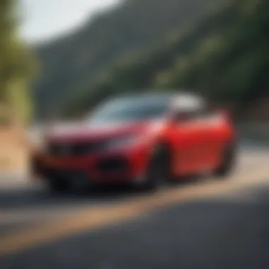 Dynamic action shot of the Honda Civic Si Sport Coupe on a winding road, emphasizing its performance.