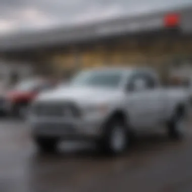 Dodge Ram trucks parked outside a Portland dealership