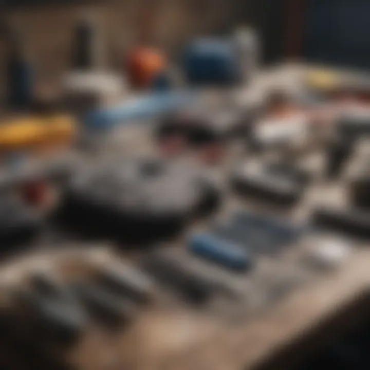 Various tools used for bumper dent repair laid out on a workbench.