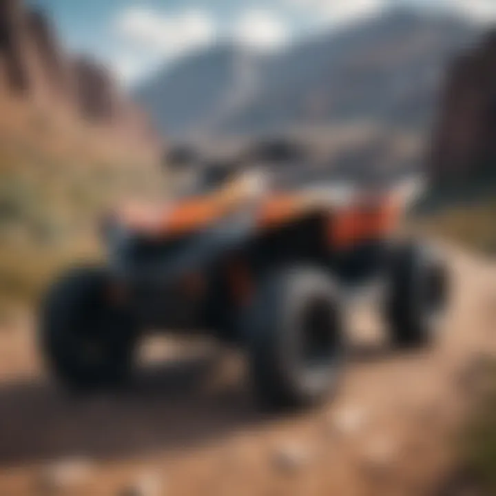 A sleek and modern sport ATV parked on rugged terrain