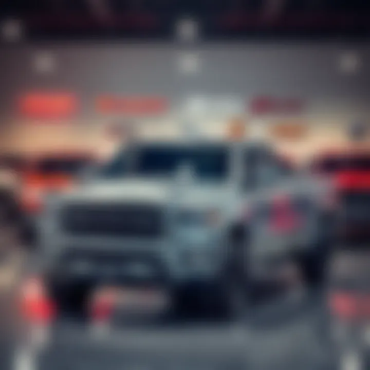 Various Dodge truck models displayed in a dealership