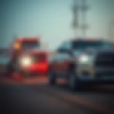 Dodge truck towing heavy equipment on a construction site