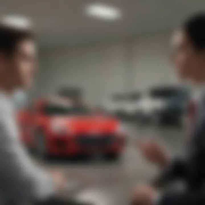 A close-up of a customer discussing financing options with a dealership representative.