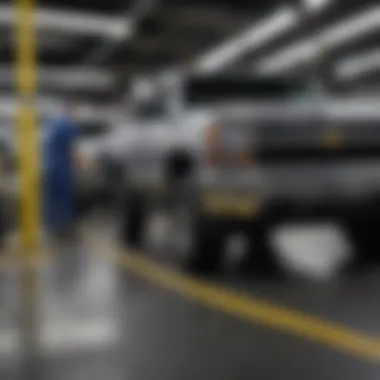 Service area with technicians working on vehicles