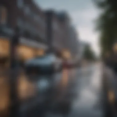 A vibrant street filled with various auto dealerships