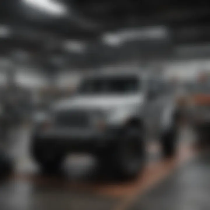 Service bay with Jeep vehicles being repaired