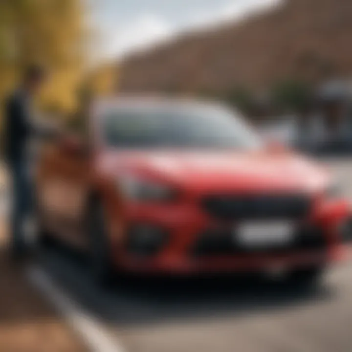 A satisfied customer inspecting a used Subaru vehicle during a test drive.