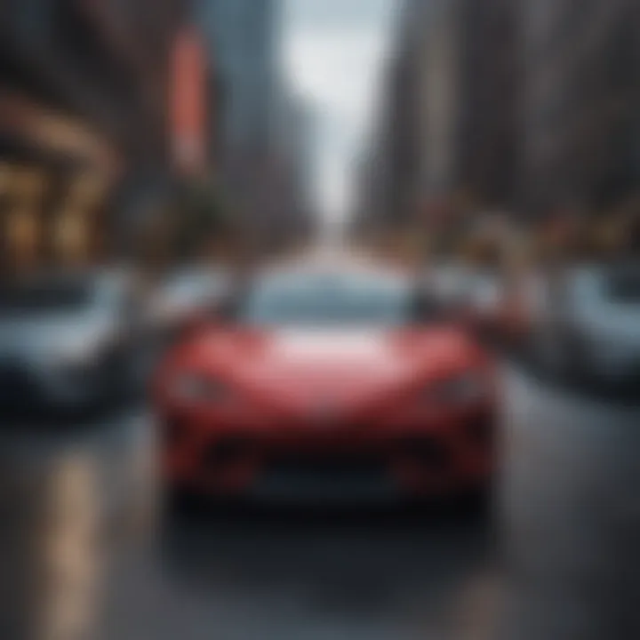 A panoramic view of a bustling Philadelphia street with Toyota vehicles on display.