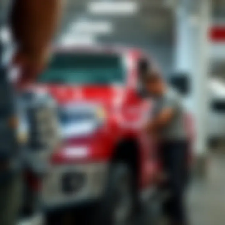 Customer Examining Truck Features Close-up of a customer examining a used truck's features and specifications at Carson City Toyota