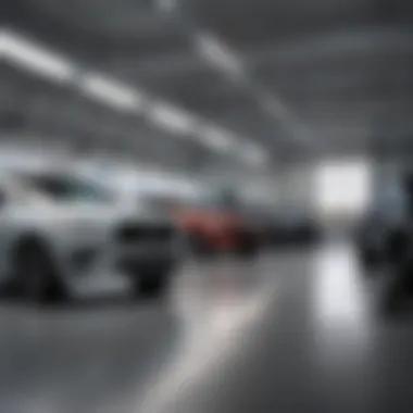 Service area of a Volvo dealership with vehicles being serviced