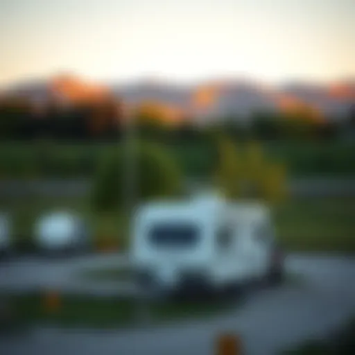 A scenic view of an RV trailer parked in a picturesque landscape