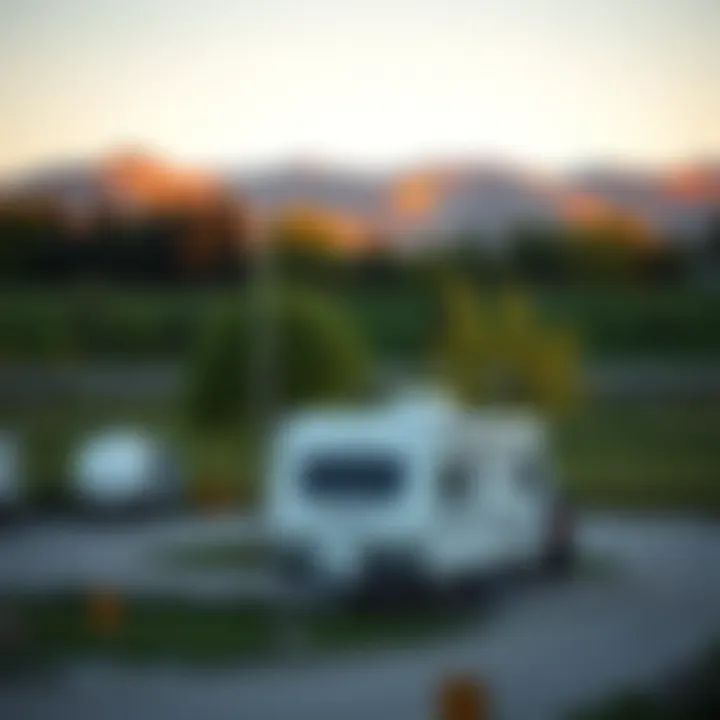 A scenic view of an RV trailer parked in a picturesque landscape
