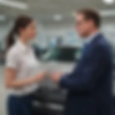 A customer interacting with a knowledgeable consultant inside the dealership, highlighting customer service excellence.