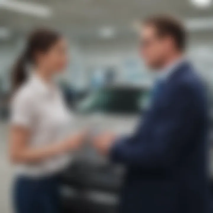 A customer interacting with a knowledgeable consultant inside the dealership, highlighting customer service excellence.