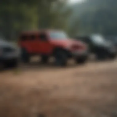 A line of Jeep vehicles in a picturesque setting.