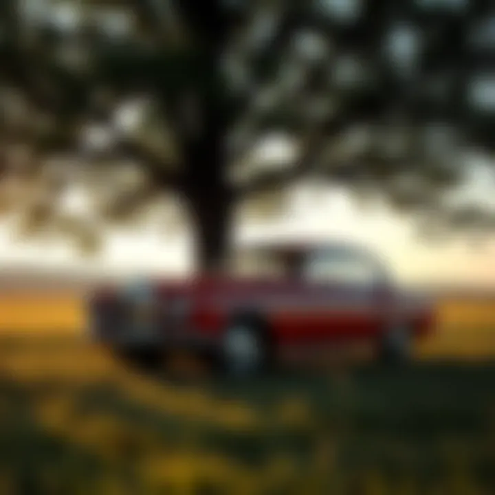 A serene landscape with a vintage car resting by a tree