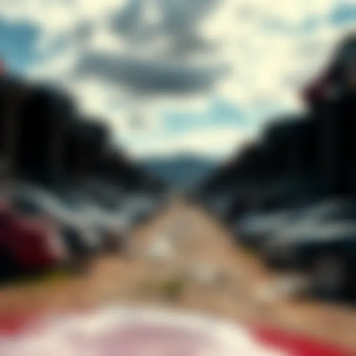Scenic View of a Junkyard A picturesque view of a junkyard with rows of dismantled cars