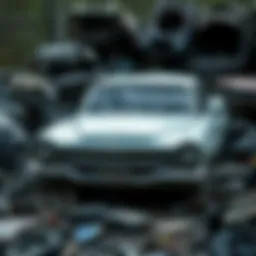 A rusted old car in a junkyard surrounded by various auto parts