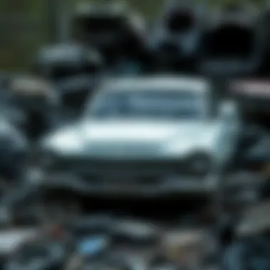 Abandoned Vehicle in a Junkyard A rusted old car in a junkyard surrounded by various auto parts