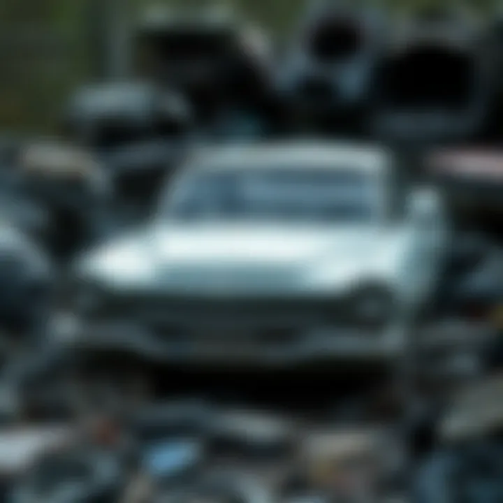 Abandoned Vehicle in a Junkyard A rusted old car in a junkyard surrounded by various auto parts