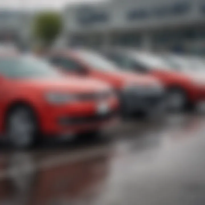 A diverse selection of popular used car models lined up at a dealership.