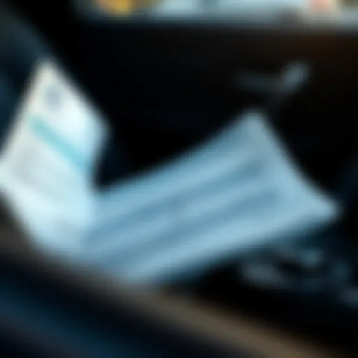 Close-up of a car interior with lease documents