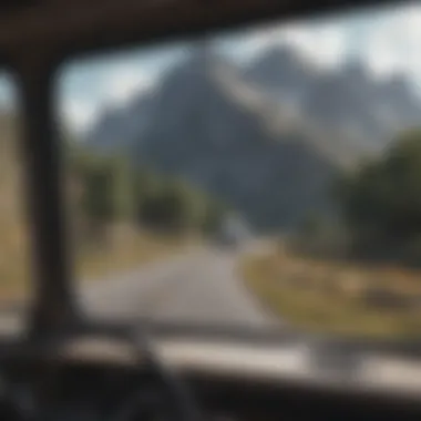 A scenic landscape seen through an RV window with navigation guidance on the screen