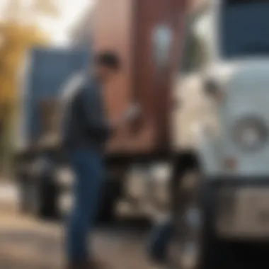 A buyer examining a used truck with a checklist