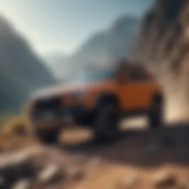 Powerful SUV climbing a rugged mountain terrain