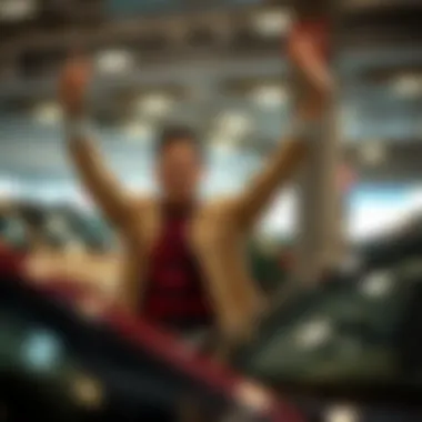 Satisfied buyer celebrating a successful used car purchase